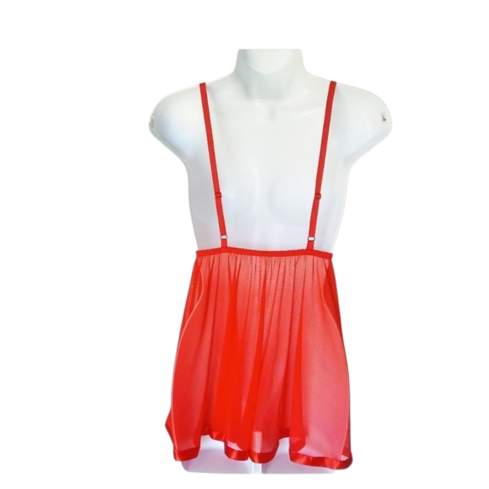 RISQUE Sexy Red Lingerie Nightie Sheer Flowy Skirt Satin Waist Tie & Hem OS - Picture 2 of 5
